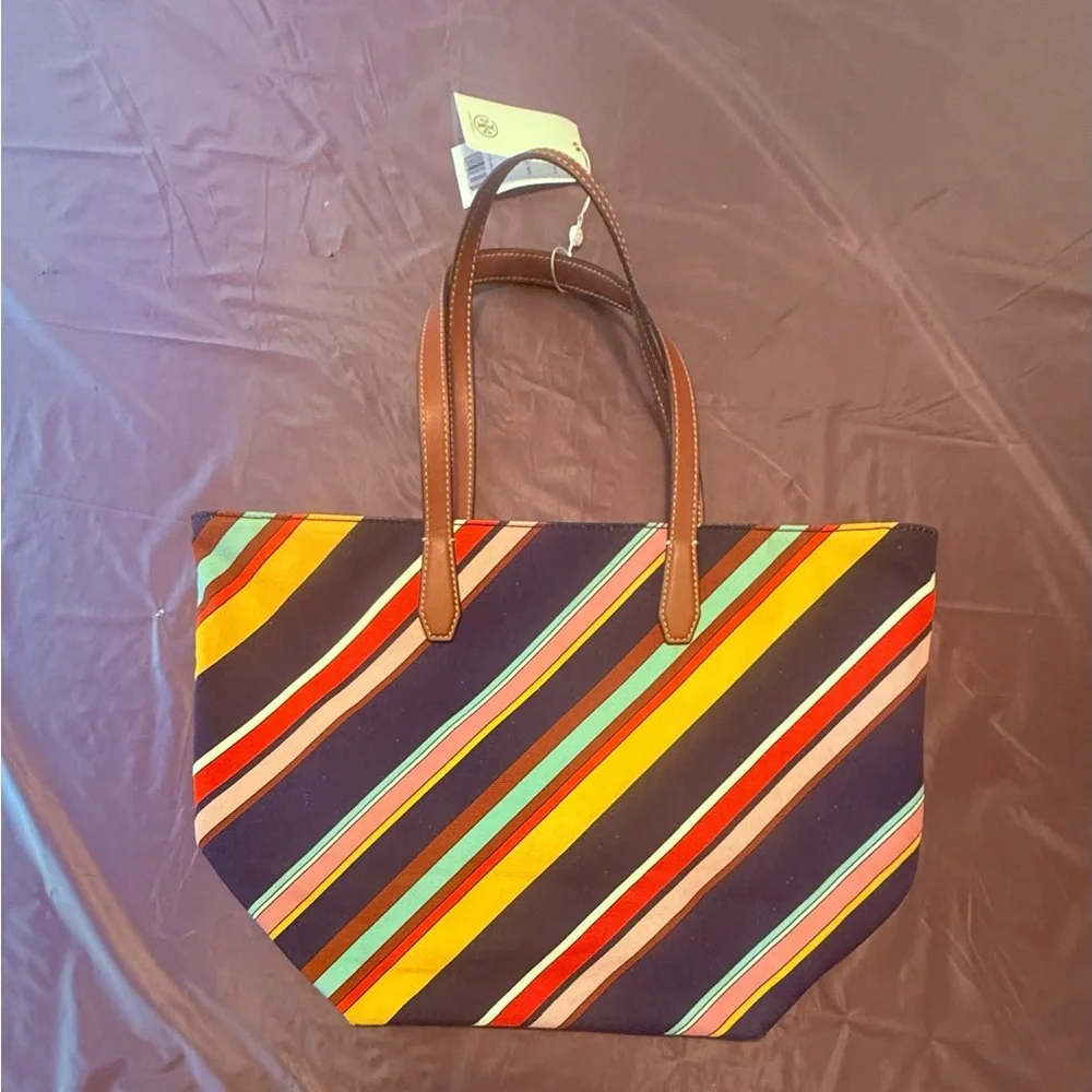 NWT Tory Burch Key Item Canvas/Leather Medley Multicolor Striped Tote MSRP $298 - Picture 3 of 11